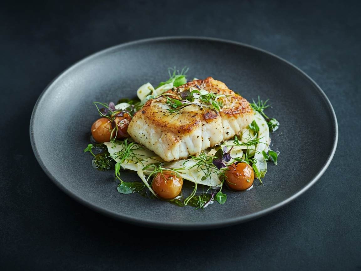 Poisson rôti, fenouil et tomates confites sur assiette mate
