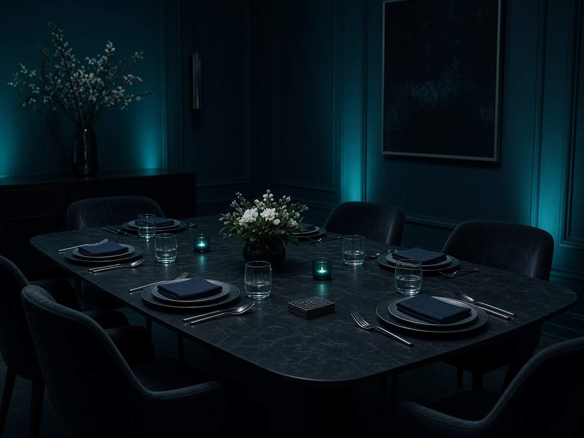 Table privée dressée pour un dîner, linge marine et fleurs blanches